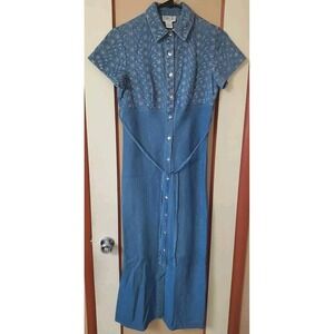 Robbie Bee Dress Womens 4P Blue Cotton Maxi Button Front Embroidered Top